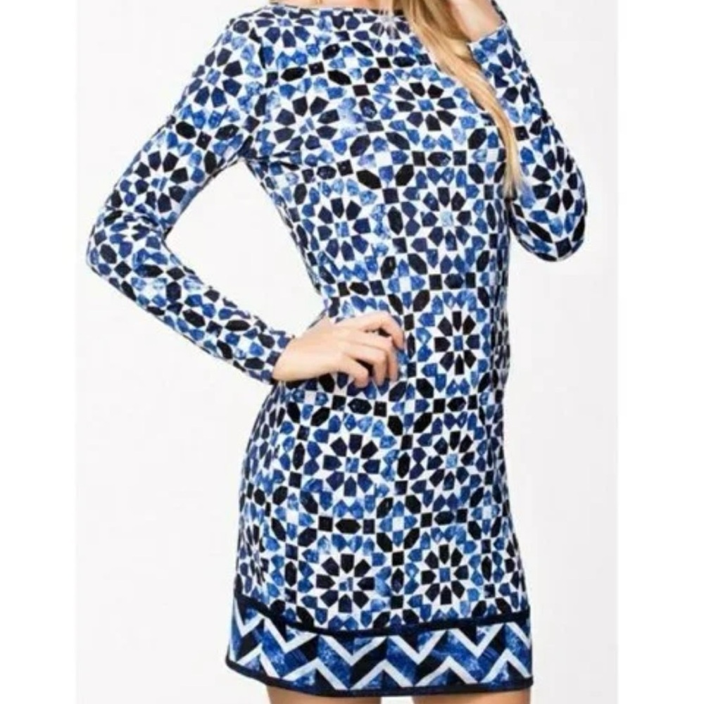 Michael Kors Mosaic Long Sleeve Dress in Blue and White